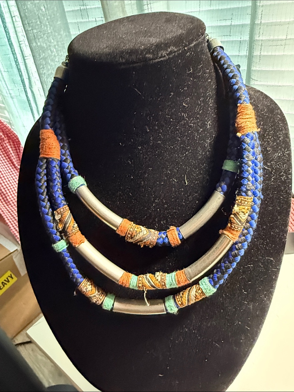 Source Unknown Triple-Layer Blue, Orange and Mint Statement Necklace